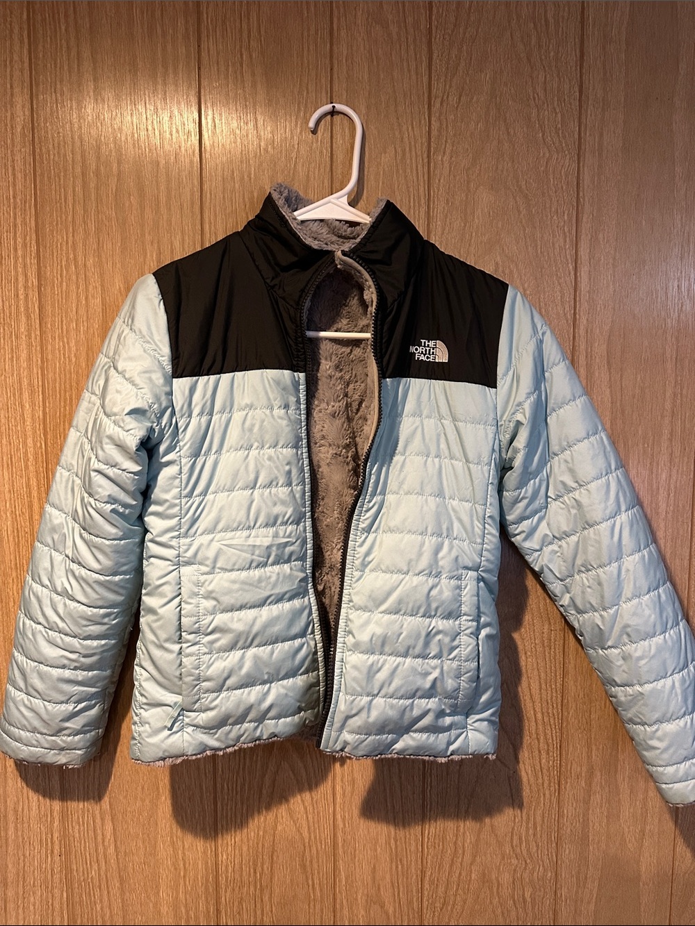 The North Face Light Blue and Black Kids Puffy Jacket